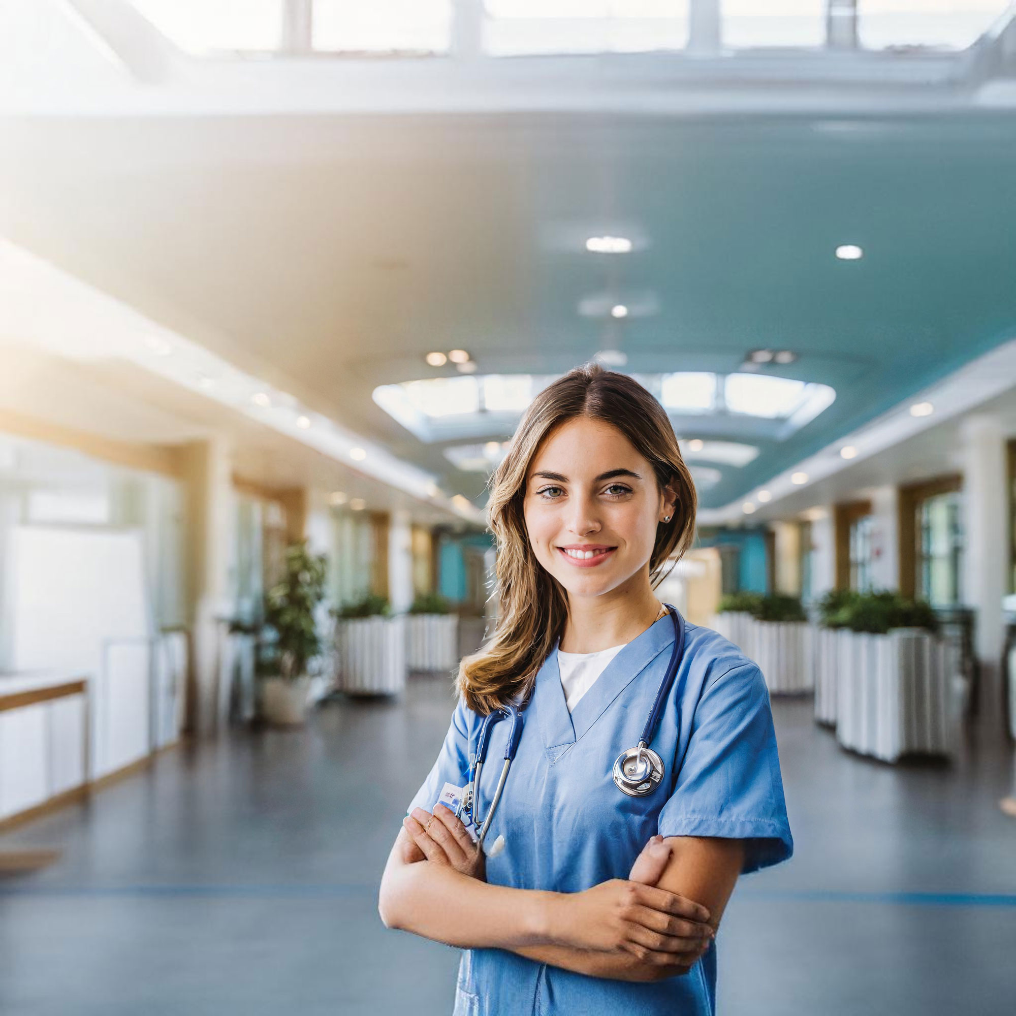 Frau in blauer medizinischer Arbeitskleidung mit Stethoskop um den Hals steht mit verschränkten Armen in einem hellen Krankenhausflur.