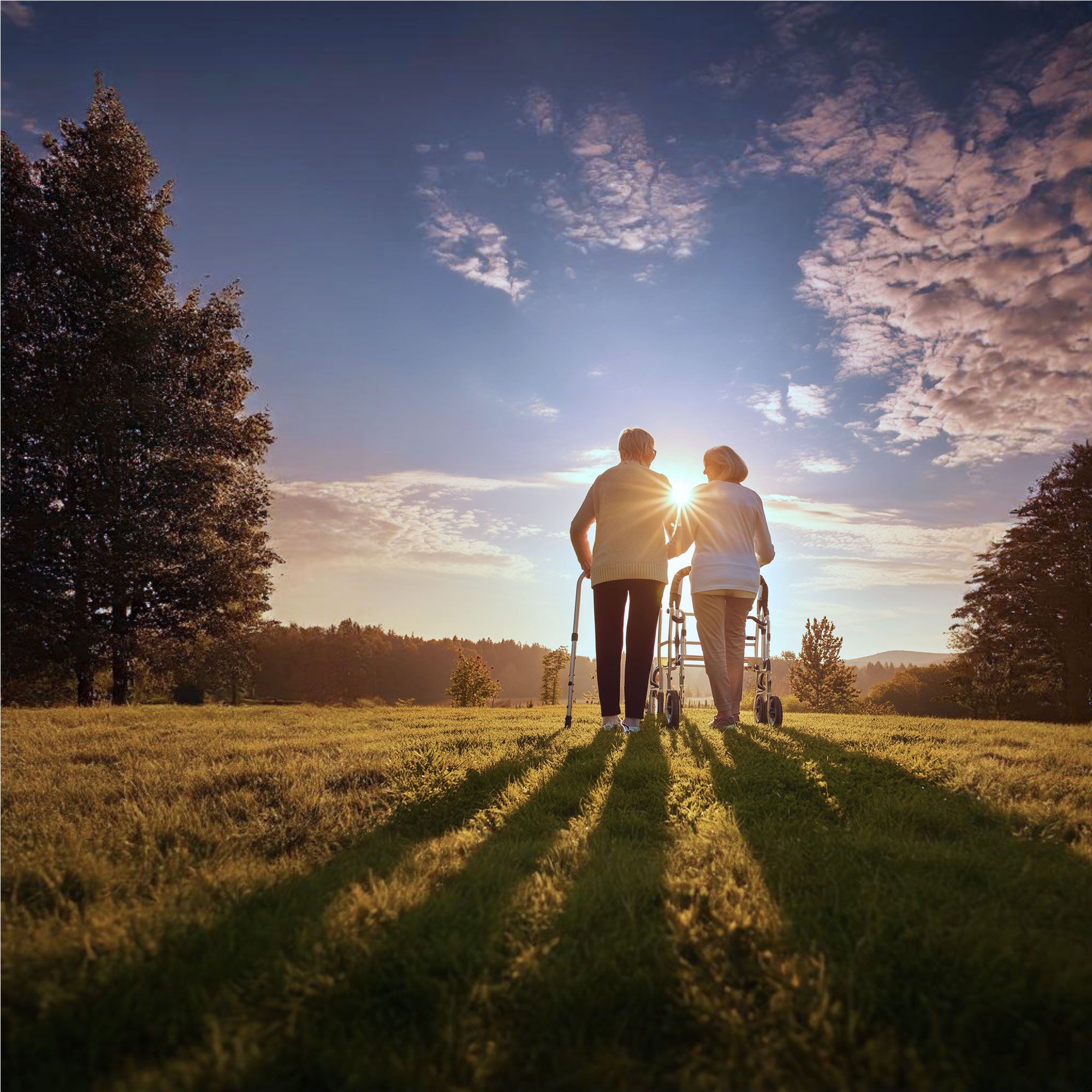 Zwei ältere Menschen gehen bei Sonnenuntergang auf einer Wiese, einer mit Rollator, der andere mit Gehstock.