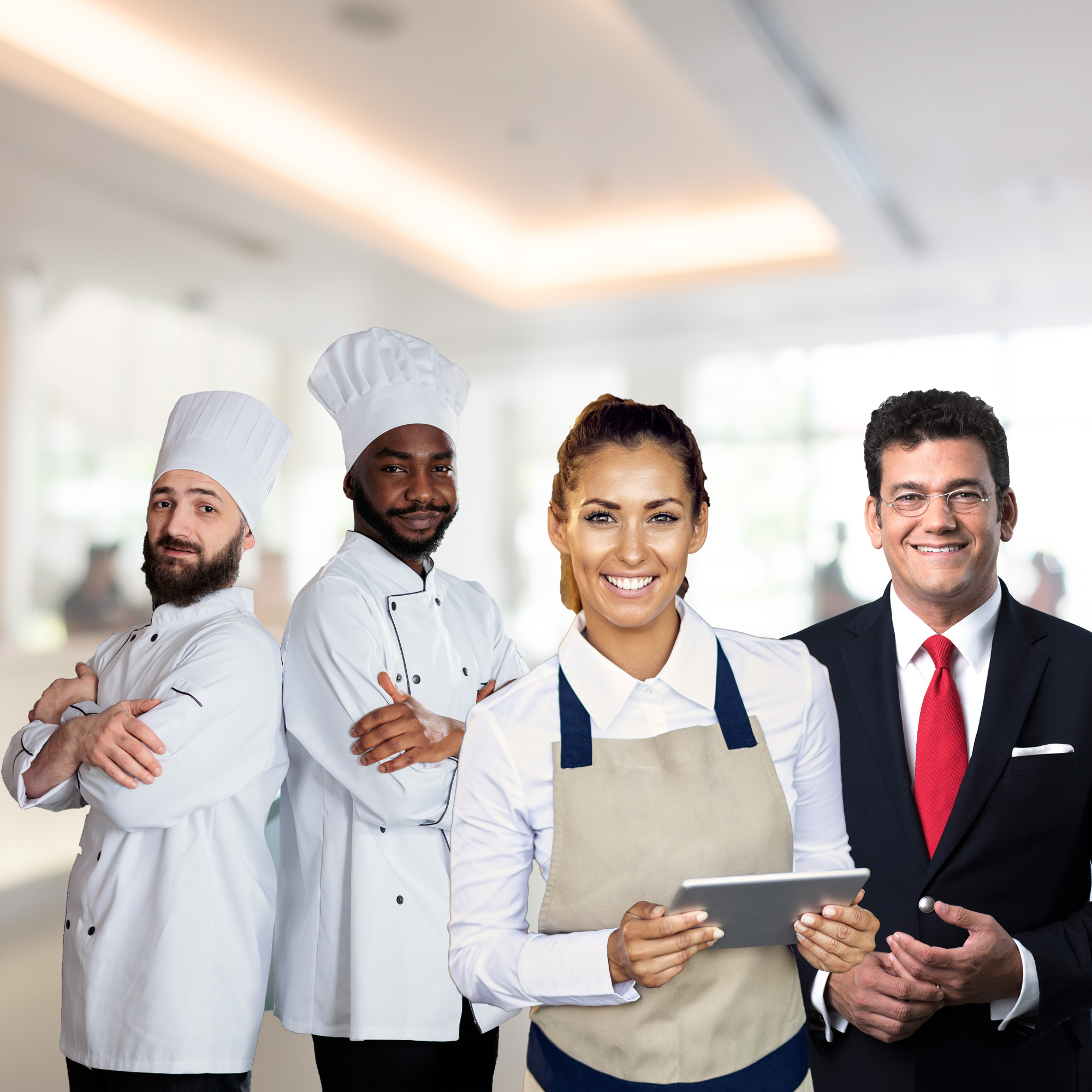 Person in weißem Hemd und beigem Schürzenkleid hält Tablet, steht vor zwei Personen in Kochjacken und Kochmütze sowie einer Person im dunklen Anzug mit roter Krawatte.